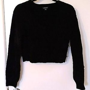 Black Chenille Cropped V-Neck Sweater